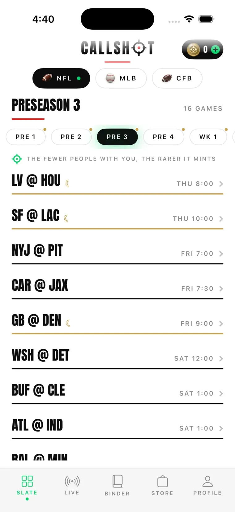 Weekly NFL slate