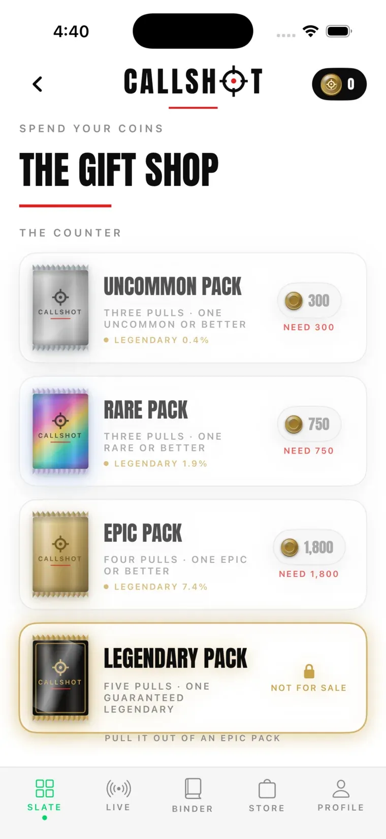 Pack shop with disclosed odds