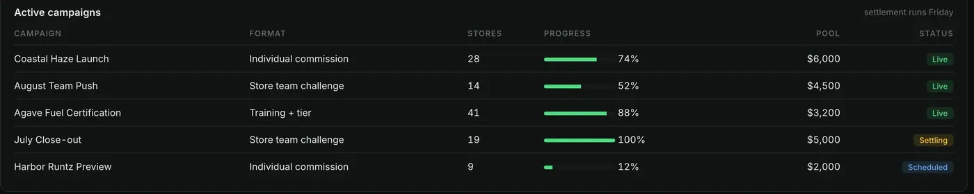Active campaigns with progress and settlement status