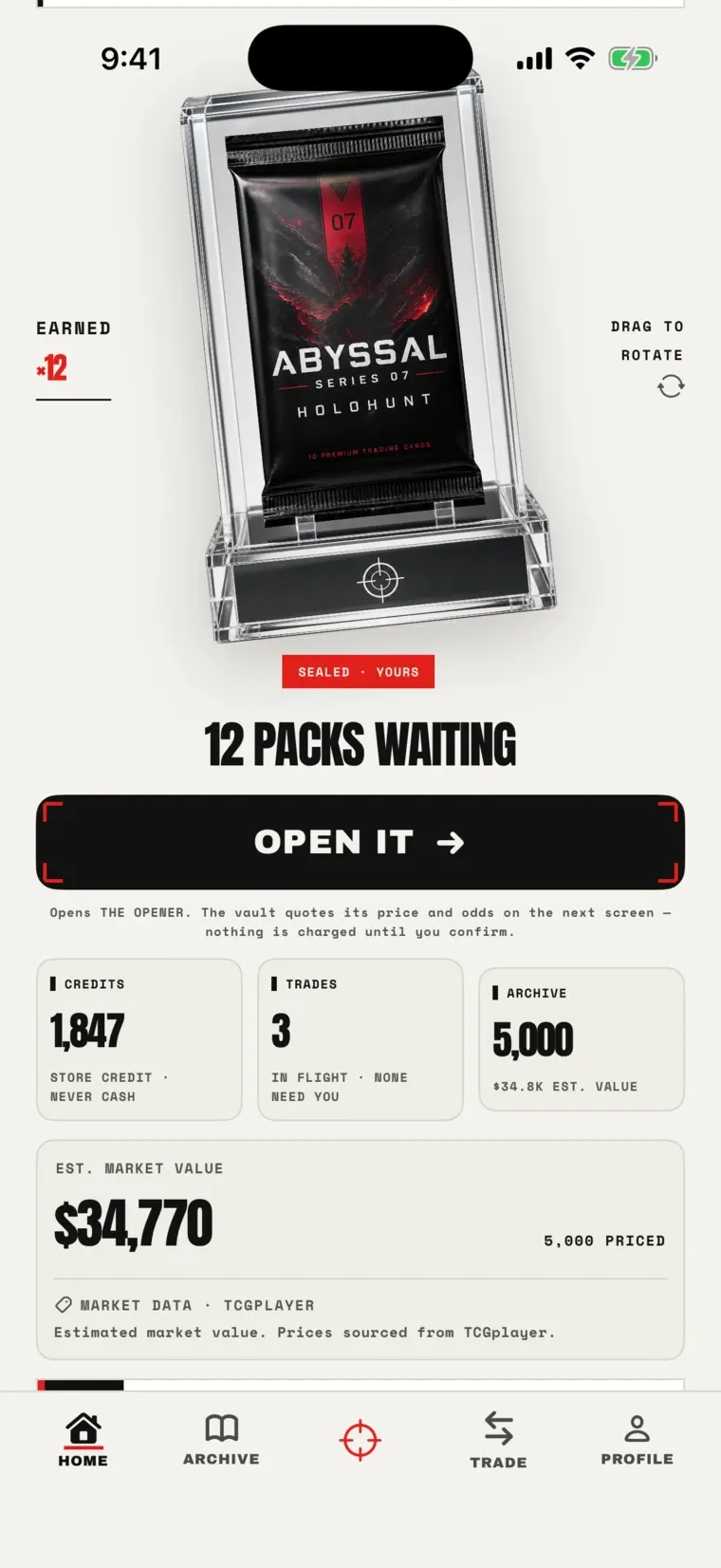 Home with earned packs and estimated archive value
