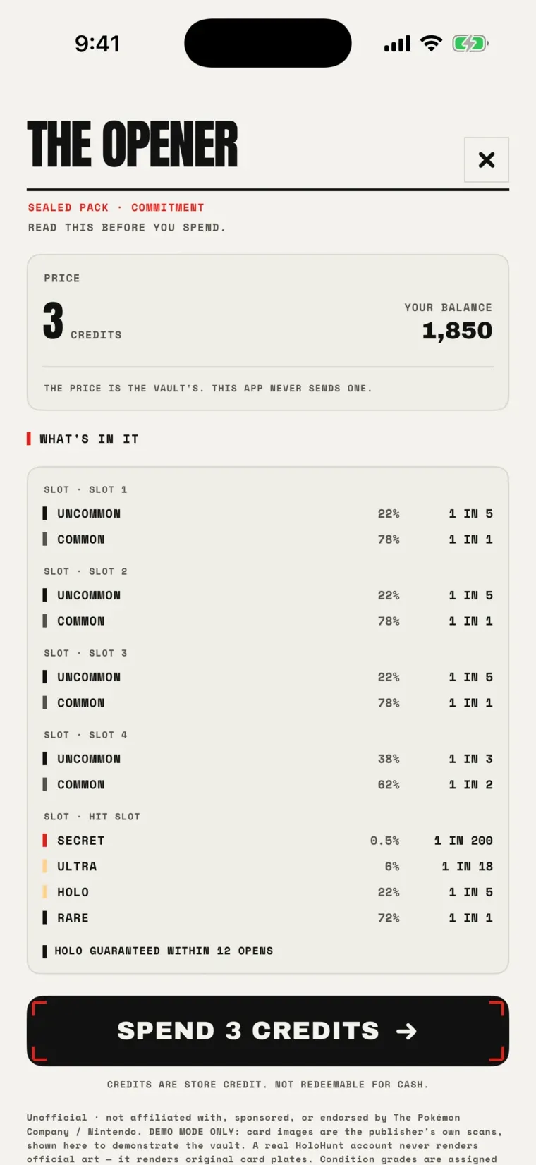 Published per-slot pack odds