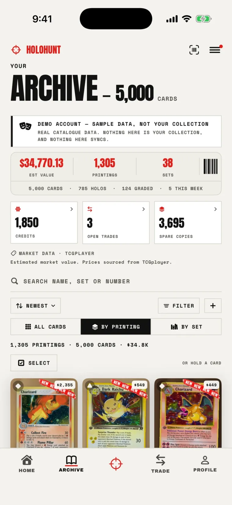 Archive with estimated value and set counts