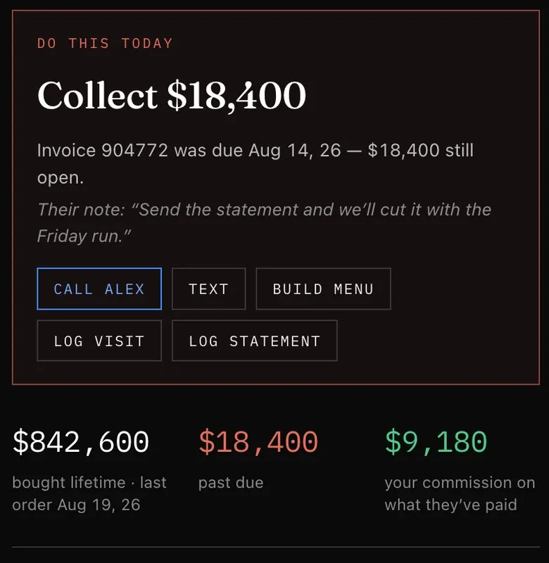 Account action card with collections and commission